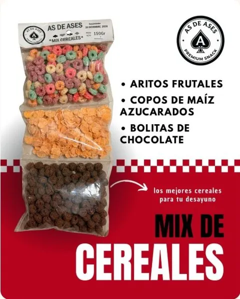 Mix de Cereales 150 g As de Ases: aritos frutales · copos de maíz azucarados · bolitas de chocolate