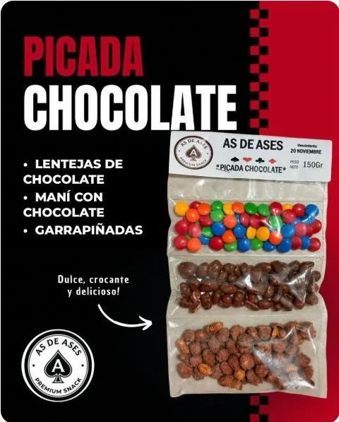 Picada de Chocolate 150 g As de Ases: lentejas de chocolate · maní con chocolate · garrapiñadas