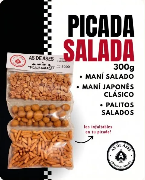 Picada Salada 300 g As de Ases: maní salado · maní japonés clásico · palitos salados