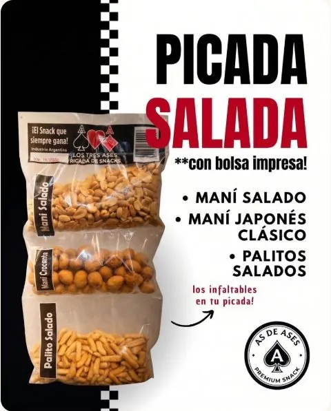 Picada Salada Bolsa impresa As de Ases: maní salado · maní japonés clásico · palitos salados